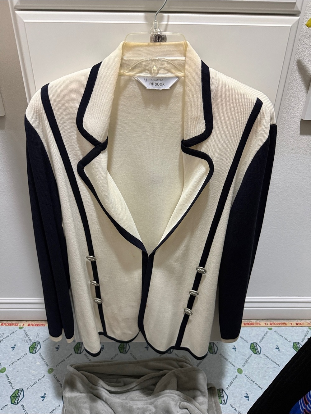 Misook Cream Blazer with Black Contrast Trim and Decorative Buttons